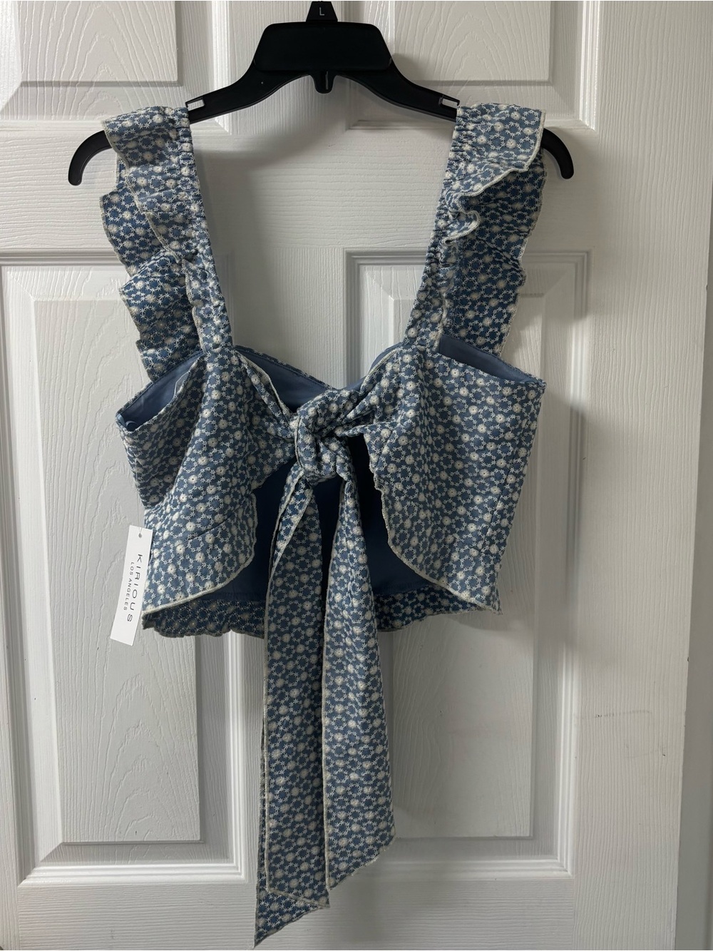 Cottagecore Blue Floral Ruffle Strap Tie-Back Crop Top Women’s Size XL NWT - Picture 7 of 9